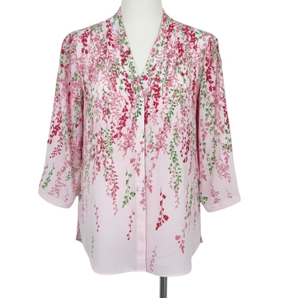 NEW Investments Woman Size 1X Pink Floral Wisteria‎ V-Neck 3/4 Sleeve Blouse